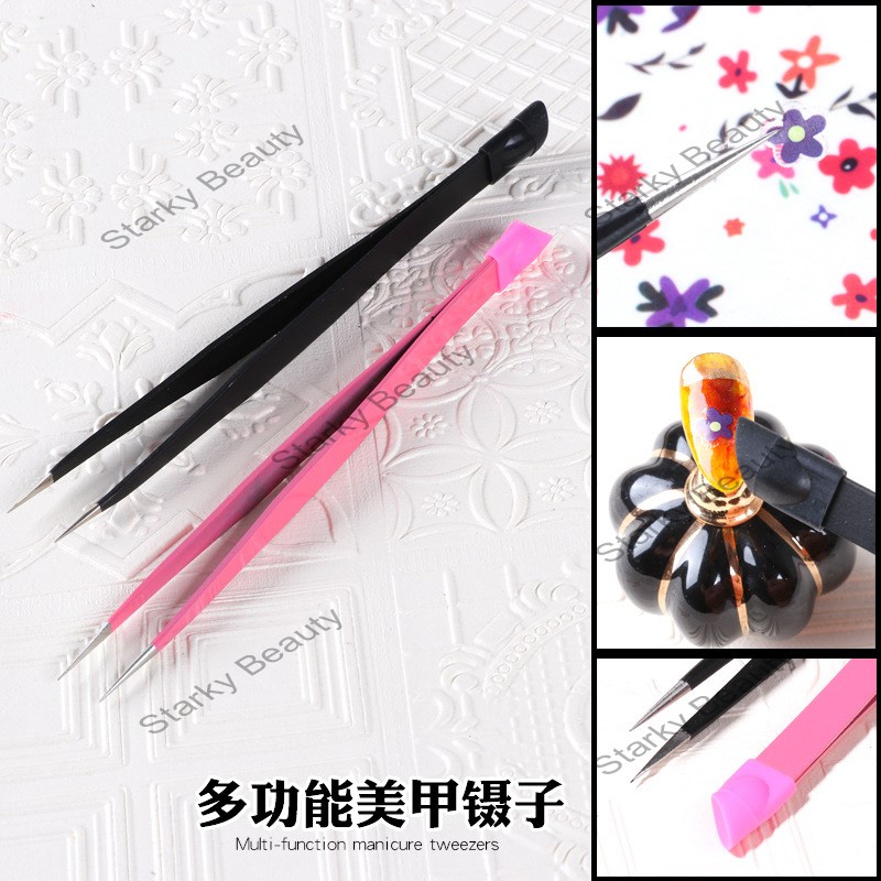 Multi functional double ended tweezers for nail stickers with silicone head embossing nail tools