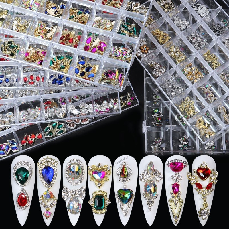 24 Grid Box Alloy Peach Heart Butterfly Shaped Diamond DIY Nail Jewelry Set