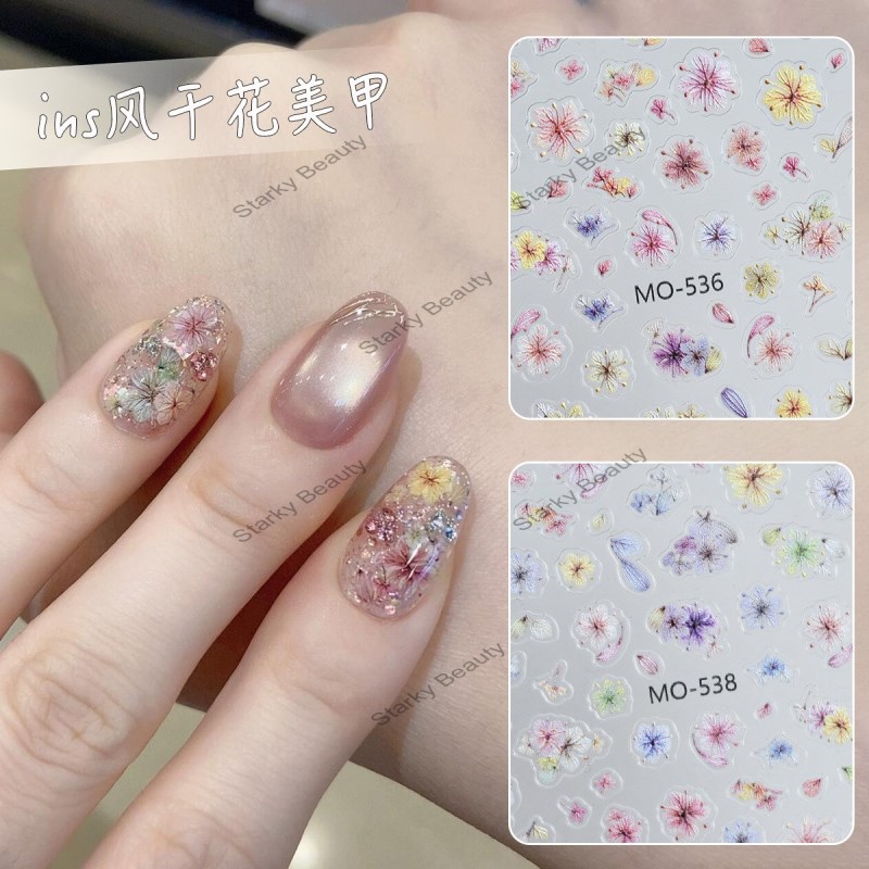 Dry flower nail stickers with gradient blending and colorful dry flower relief texture texture