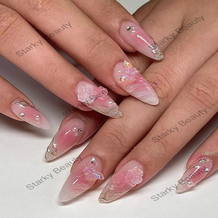 30pcs French Fake Nails Finished Almond Nails Sets with Flower Design False Nail Press on Nails Tips