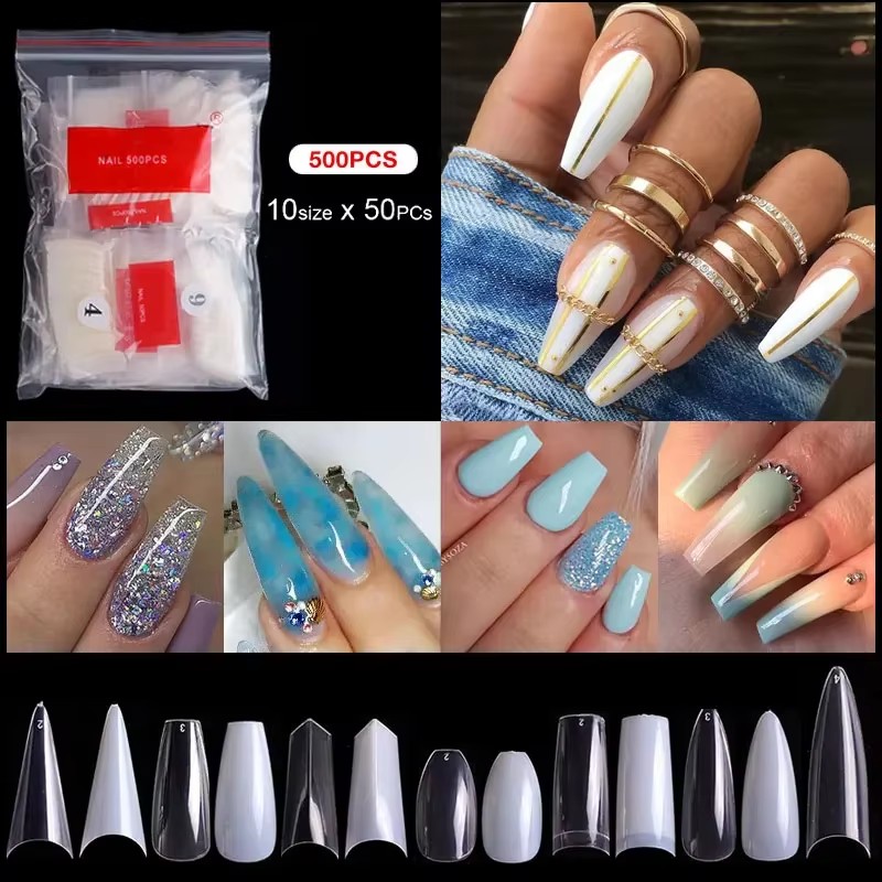 500pcs/bagged false nail art tips french natural transparent coffin false nails tips