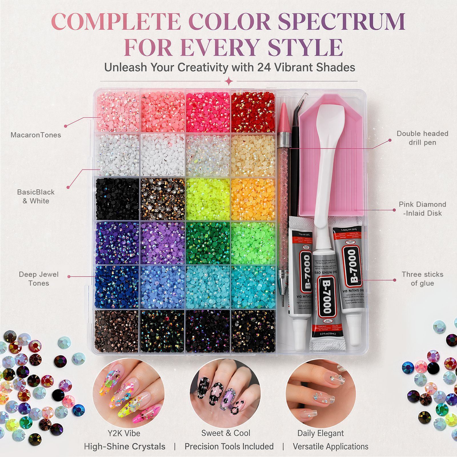 24 grid flat bottom resin diamond set mixed with transparent colored jewelry sticking tool
